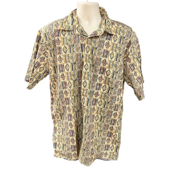 Burma Bibas Shirt Mens Large Beige Button Up Short Sleeve Cotton Geo Print - Picture 1 of 3